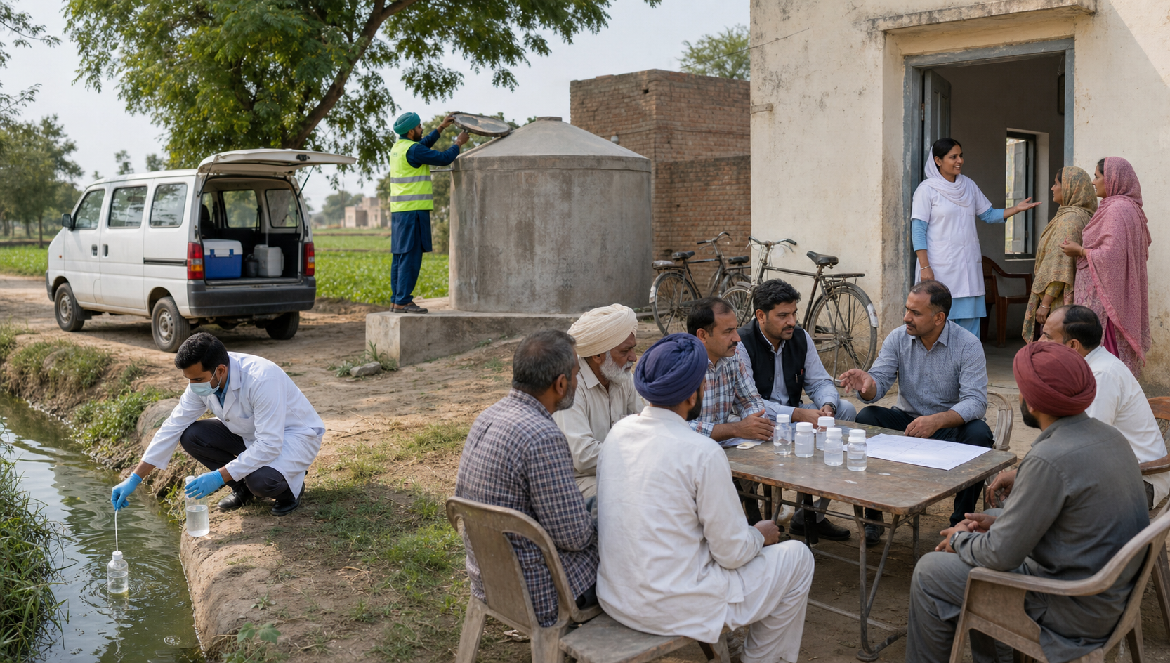 A village technician samples water while a sanitation worker checks a tank, a nurse receives residents, and local officials meet with farmers.