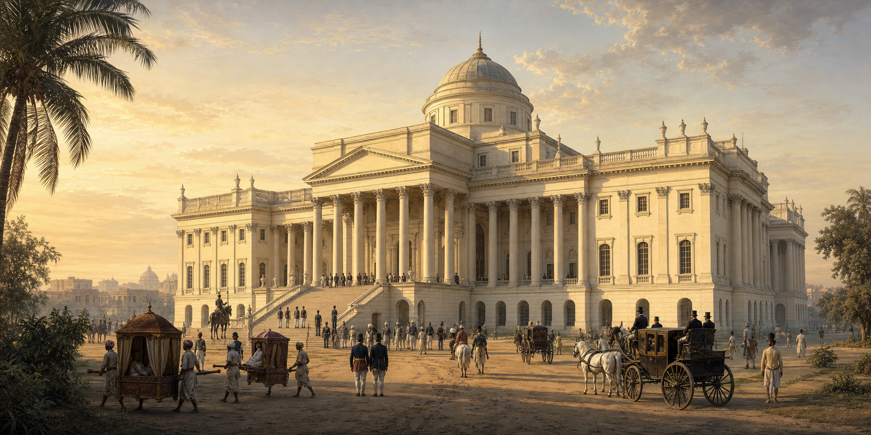 The newly completed neoclassical Government House towers over palanquins, carriages, officials, dignitaries, guards, and attendants approaching its ceremonial entrance in early nineteenth-century Calcutta.