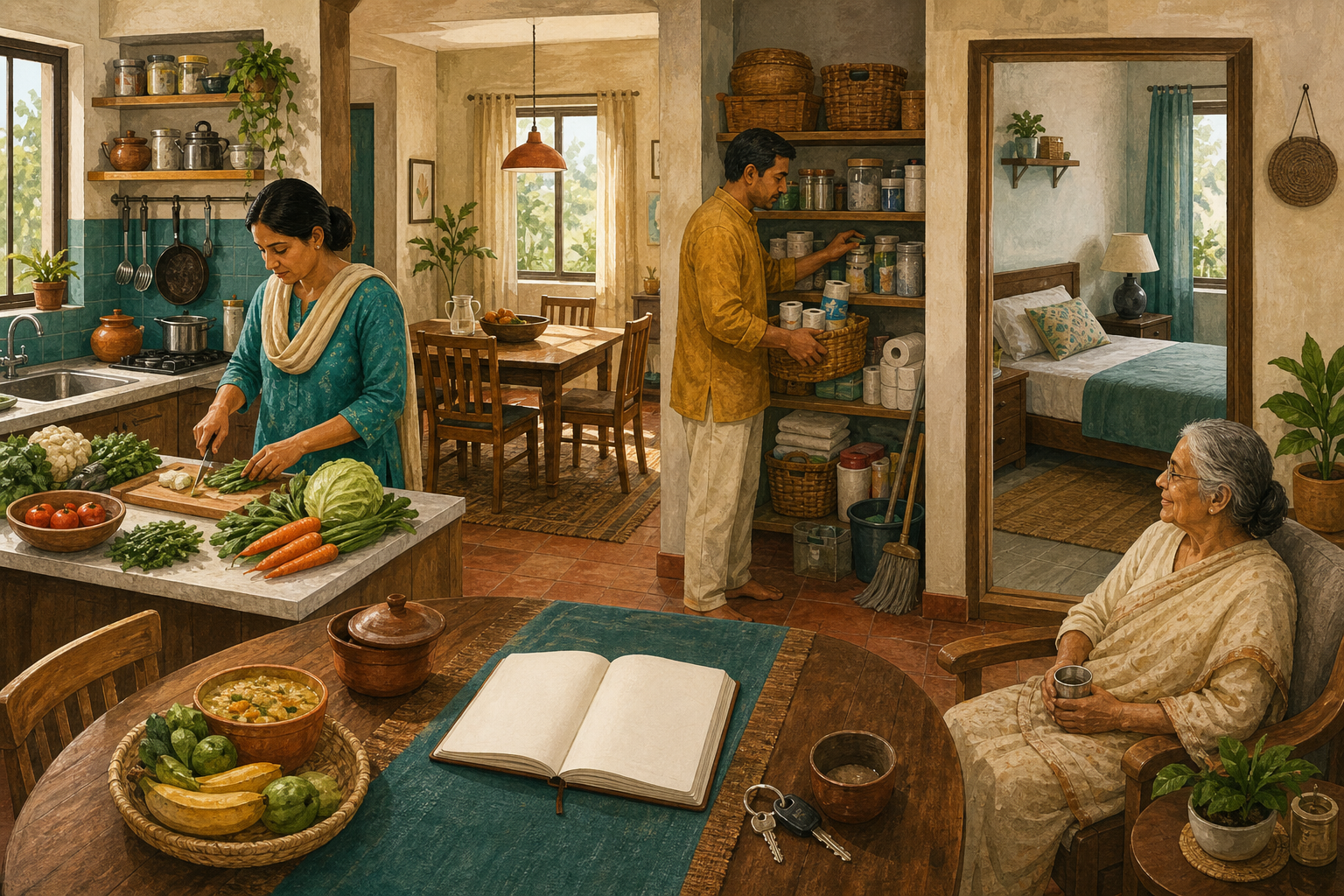 A South Asian couple shares household tasks in a cutaway view of a home while an older family member sits nearby.