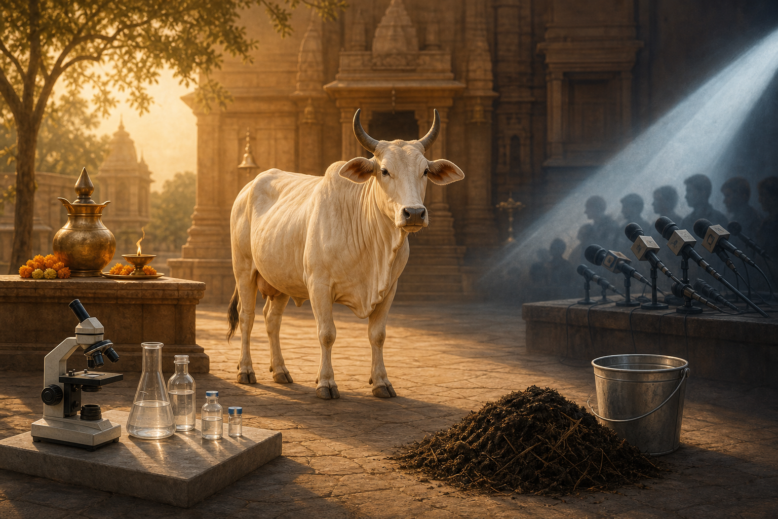 An Indian zebu cow stands in a sunlit courtyard surrounded by separate symbols of worship, laboratory research, farming, and political speech.