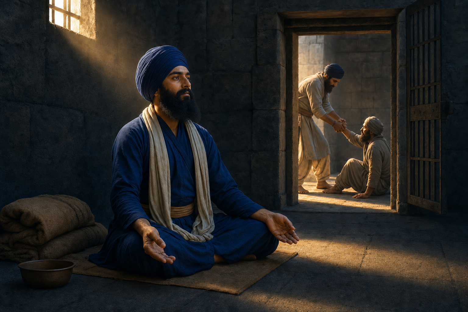 An unarmed Sikh prisoner sits in quiet meditation in a stark cell while, beyond the doorway, one captive helps another rise.