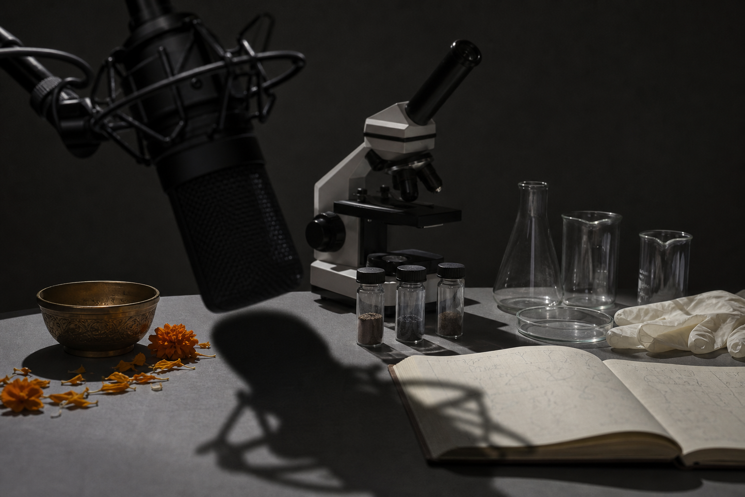 A microphone casts a dark shadow over a research table holding a microscope, sealed vials, glassware, gloves, and a brass ritual bowl.