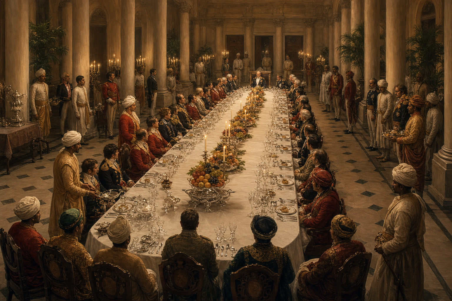Guests and attendants occupy carefully ranked positions around a long candlelit banquet table in Government House, Calcutta, in 1803.