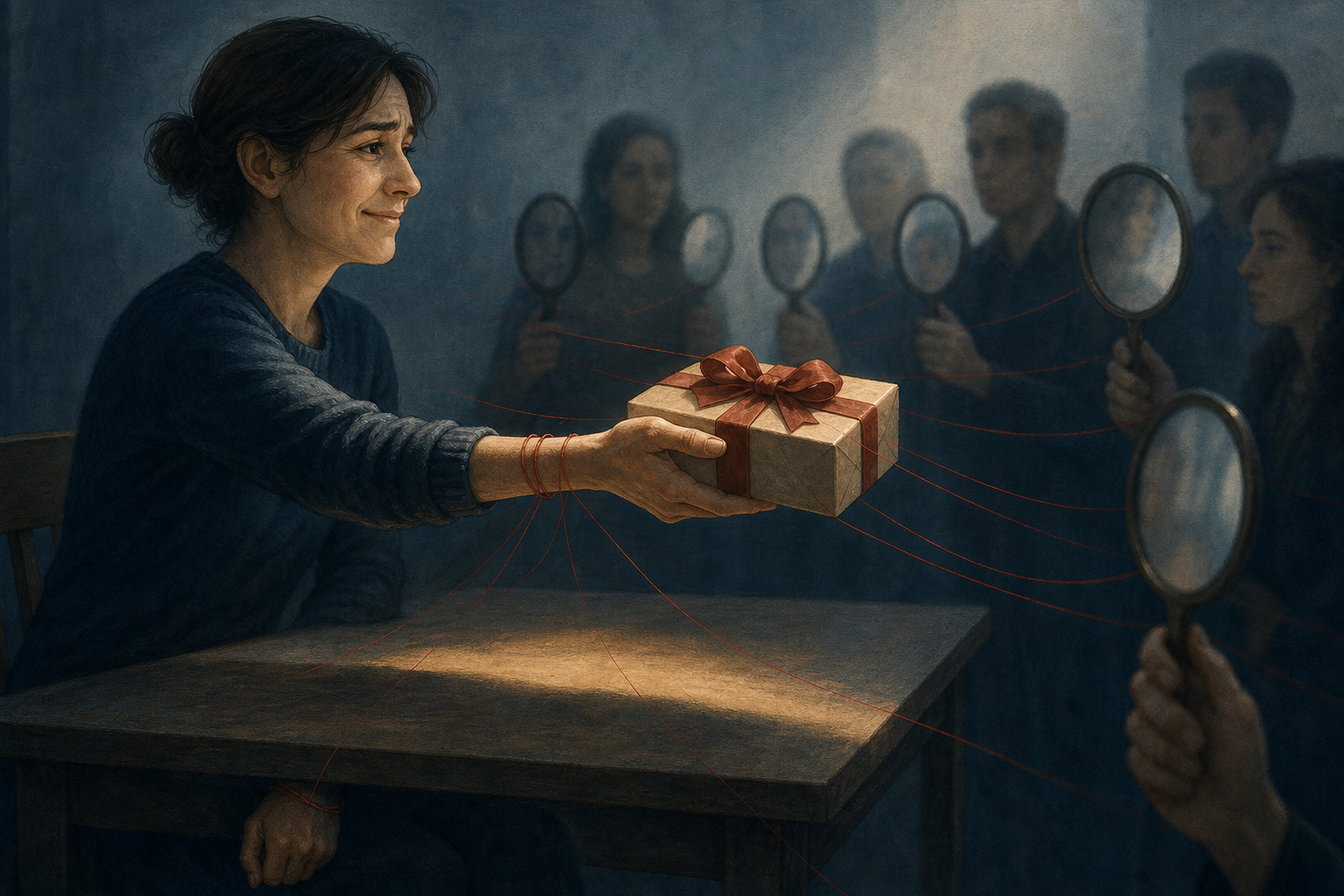 A tense person offers a wrapped gift to blurred onlookers as thin red threads connect the gesture to mirrors in their hands.