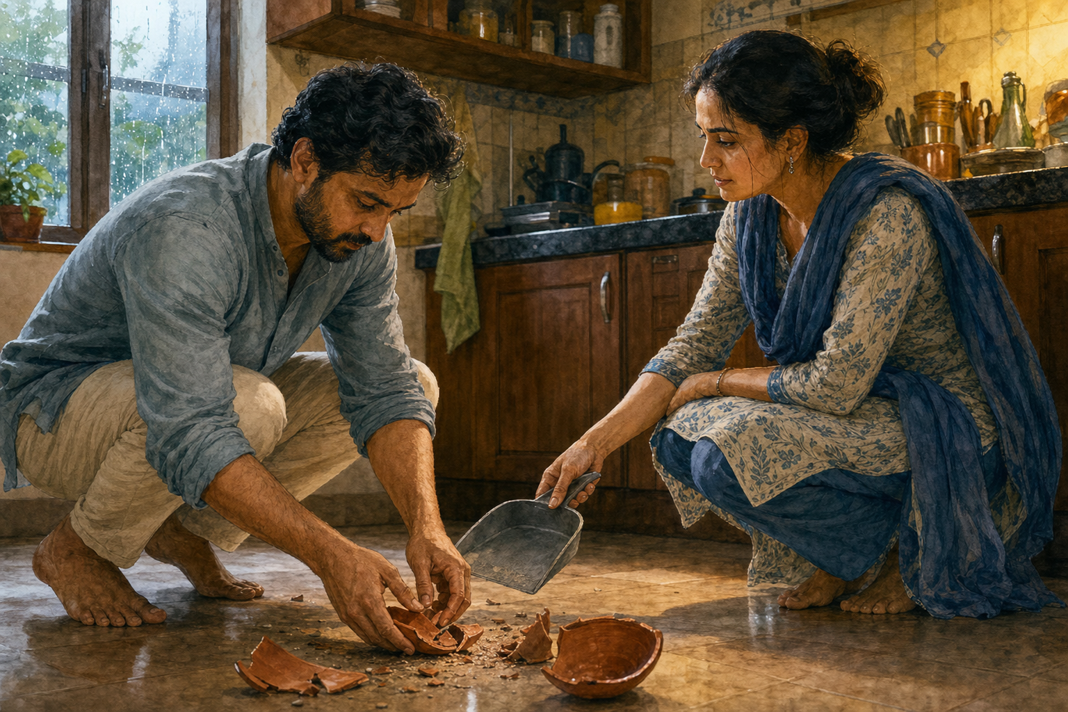 A couple calmly works together to clean up a broken clay bowl on a kitchen floor during a tense moment.
