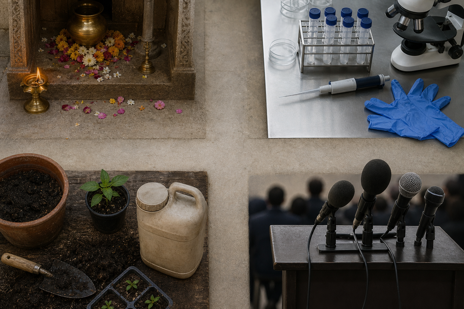 An overhead composition separates a ritual setting, laboratory equipment, farm materials, and a group of press microphones into four distinct spaces.