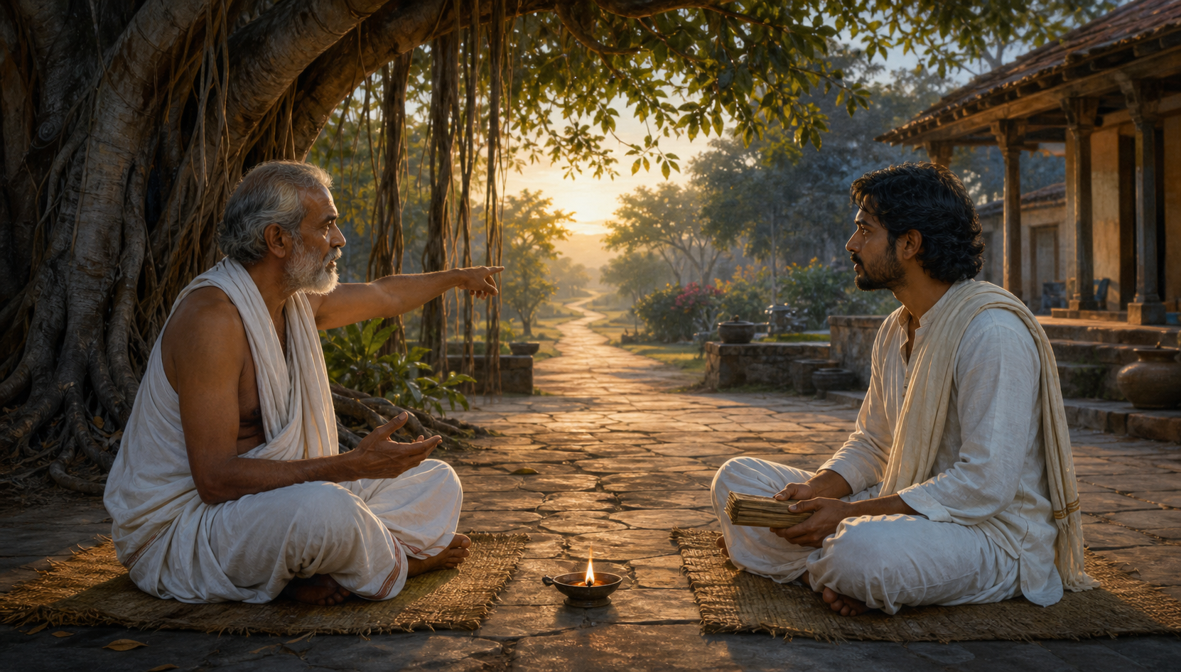 An elder spiritual teacher gestures toward a sunlit path while an adult student listens beneath a banyan tree, with a small oil lamp between them.