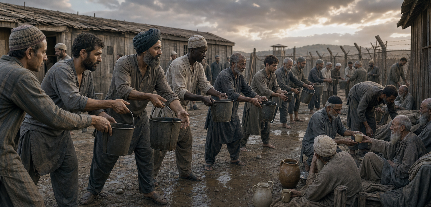 A diverse group of wartime captives, including a Sikh man in a turban, works together in a prison yard to carry water to vulnerable prisoners.