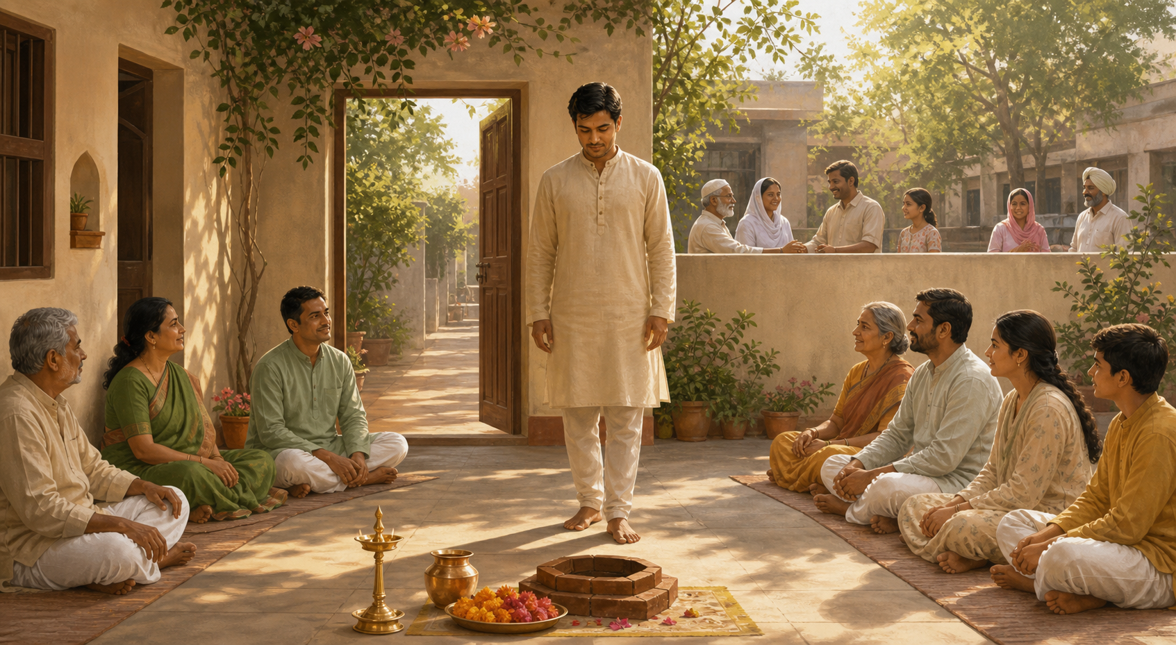 An adult stands beside a simple Hindu homecoming ceremony while relatives sit in an open semicircle and neighbors greet one another beyond the courtyard.