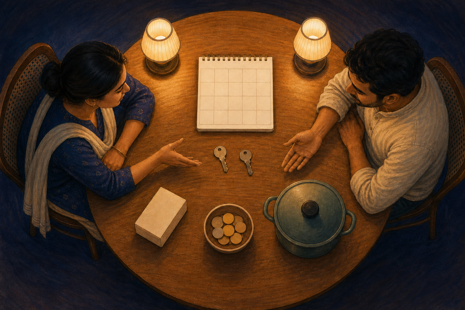 Two partners discuss shared responsibilities across a round table holding keys, a blank calendar, coins, medicine, and household objects.
