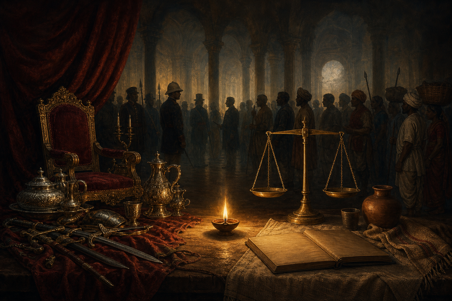 An empty ceremonial chair and imperial treasures face a balanced brass scale, oil lamp, plain manuscript, water vessel, and the silhouettes of people in a dark hall.
