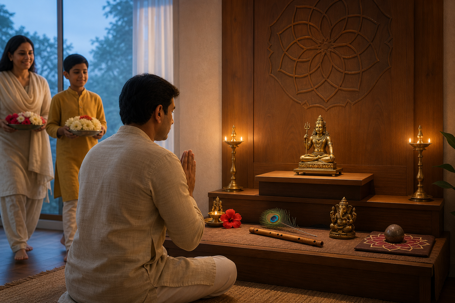 A devotee prays before a home shrine centered on a brass Shiva murti, with flowers, lamps, a flute, a peacock feather, and other sacred objects arranged nearby.