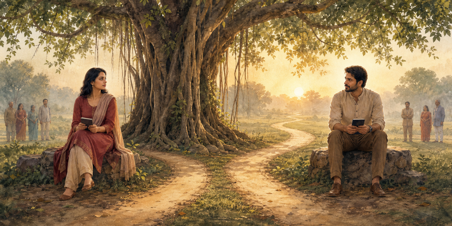 A South Asian woman and man consider a decision beneath a banyan tree while family members remain at a respectful distance behind them.
