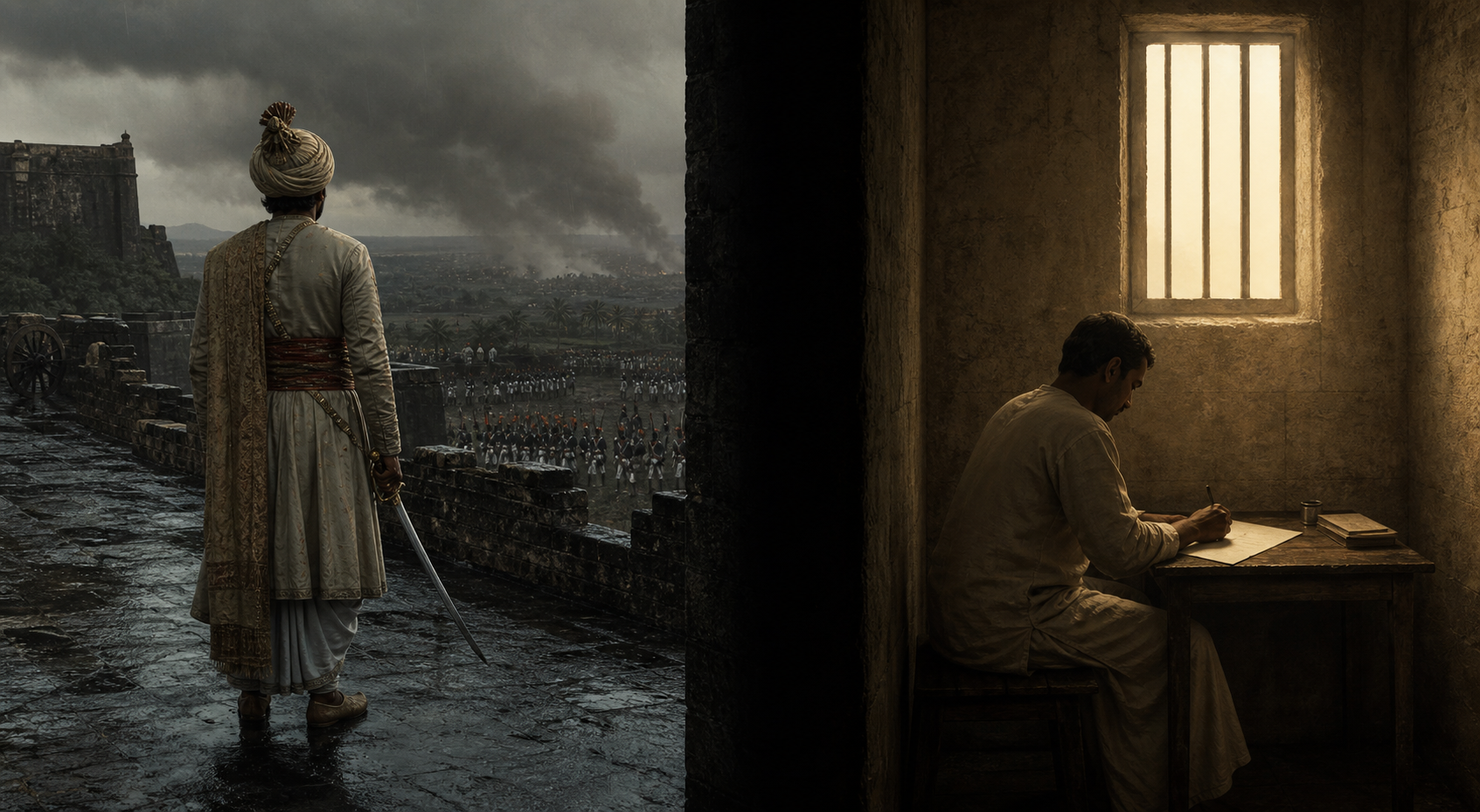 A ruler stands on an eighteenth-century fort rampart while, in a separate prison setting, an early twentieth-century political prisoner writes at a small desk.