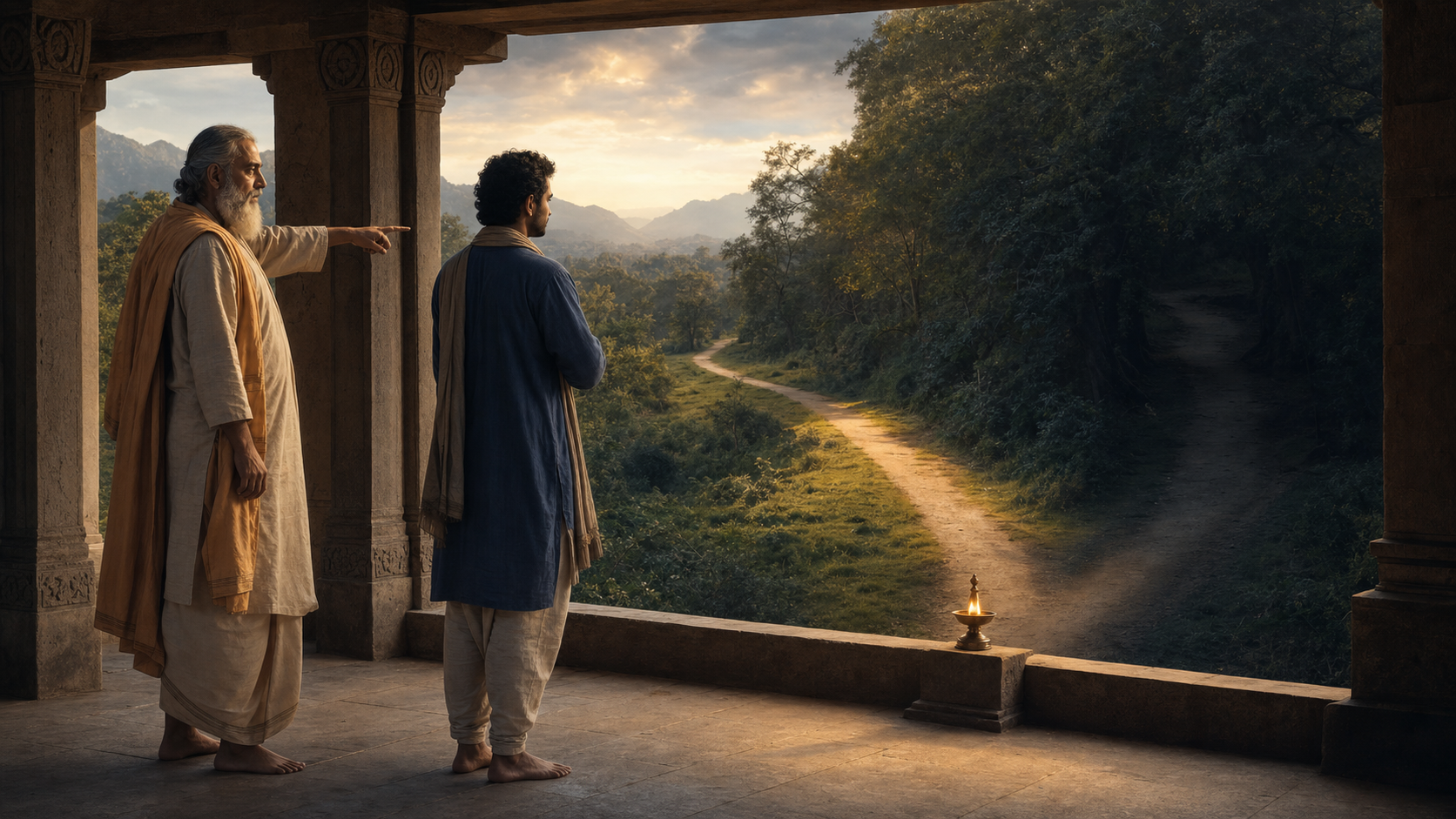 A spiritual teacher points an adult disciple toward a lamp beside a forked path outside an open stone pavilion.