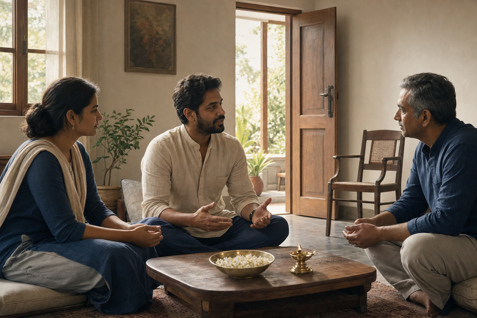Four adults have a calm family conversation around a low table, with an open door and an empty chair visible beside them.