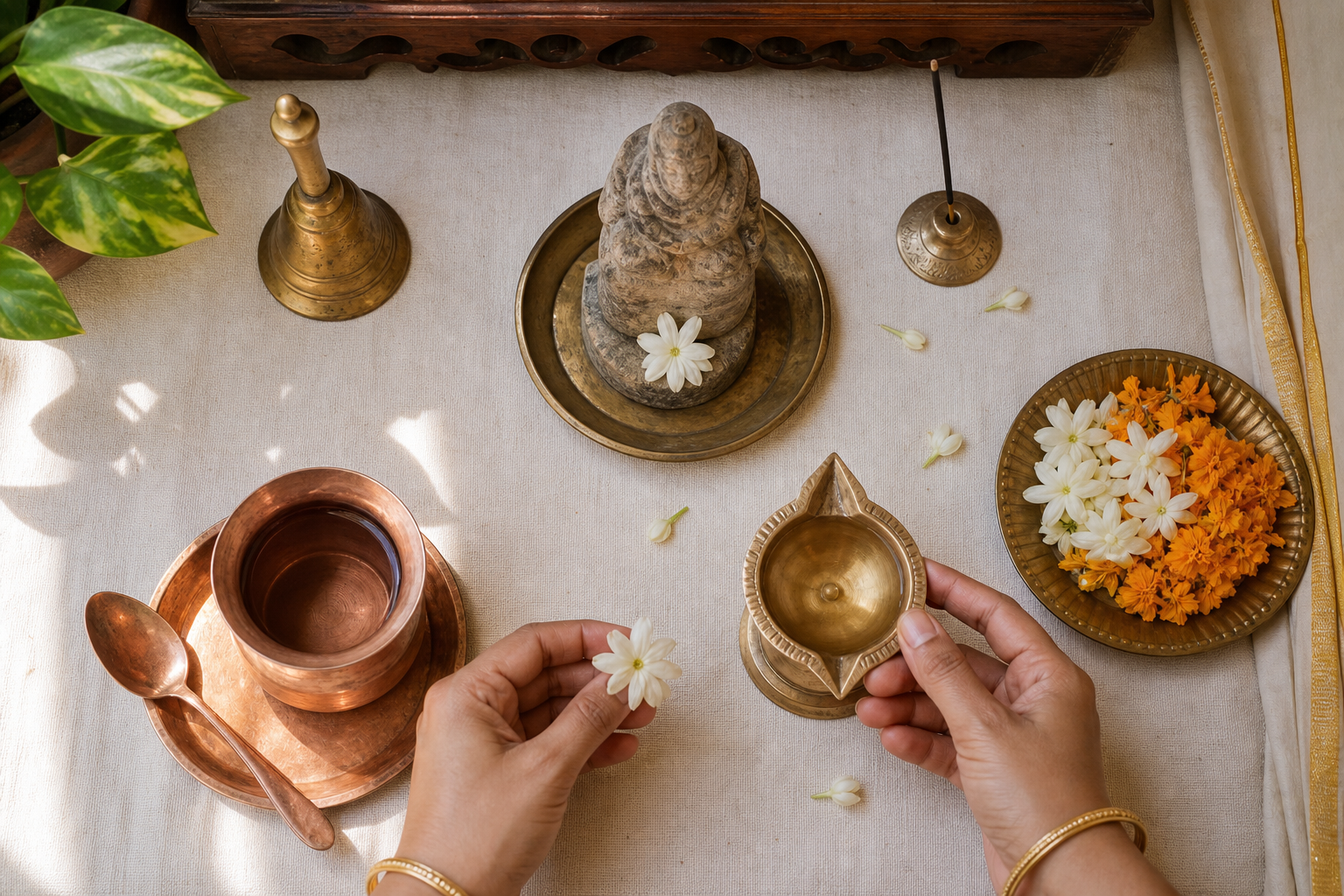 Hands prepare a simple home invocation with an oil lamp, water cup, flowers, incense, bell, and a small stone murti.