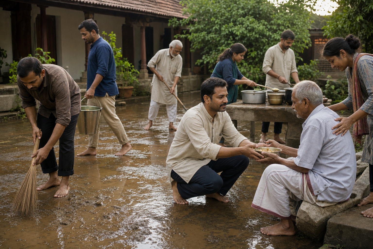 Students and an elder teacher prepare food, carry water, clean a courtyard, and assist an elderly visitor after rain.