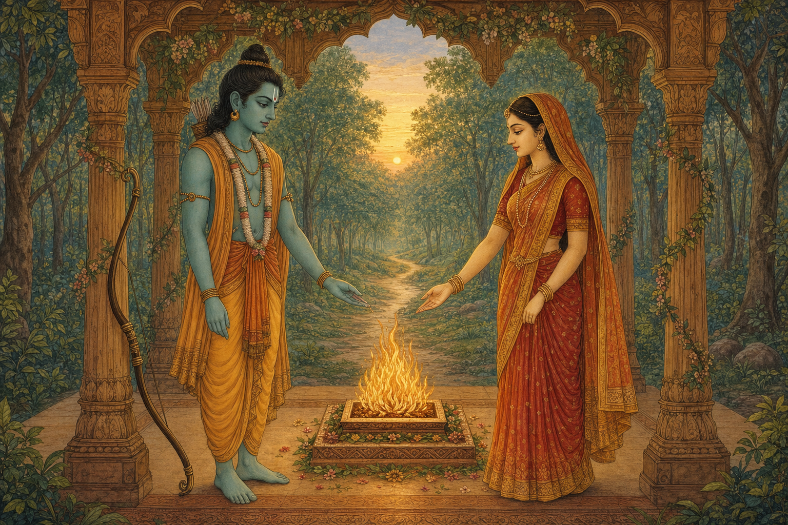 Rama and Sita stand together beside a sacred fire in a forest pavilion, with Rama's bow resting at his side and a path extending into the woods.