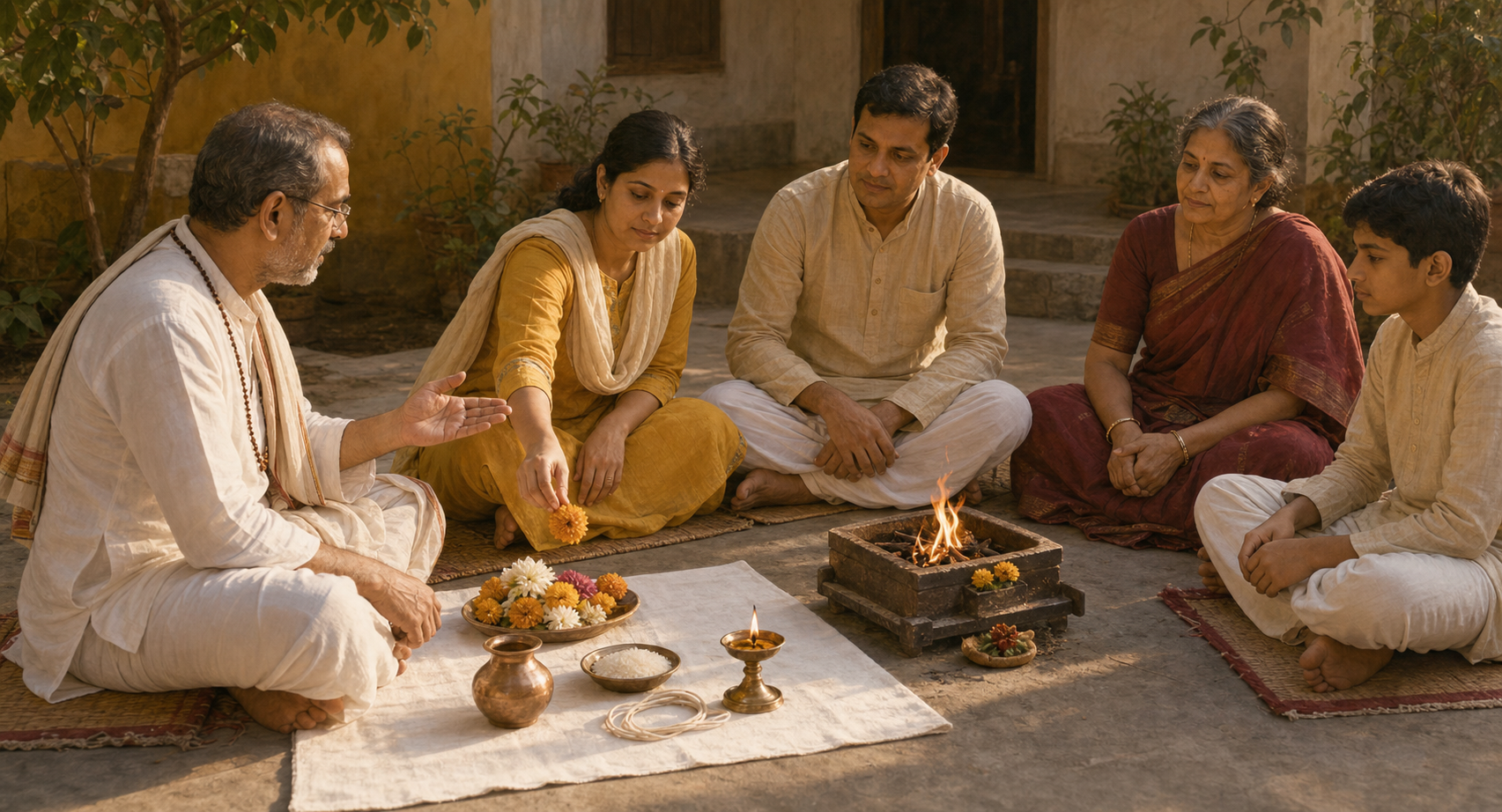A participant chooses a flower from several ritual items while a priest and family members wait around a small ceremonial fire.