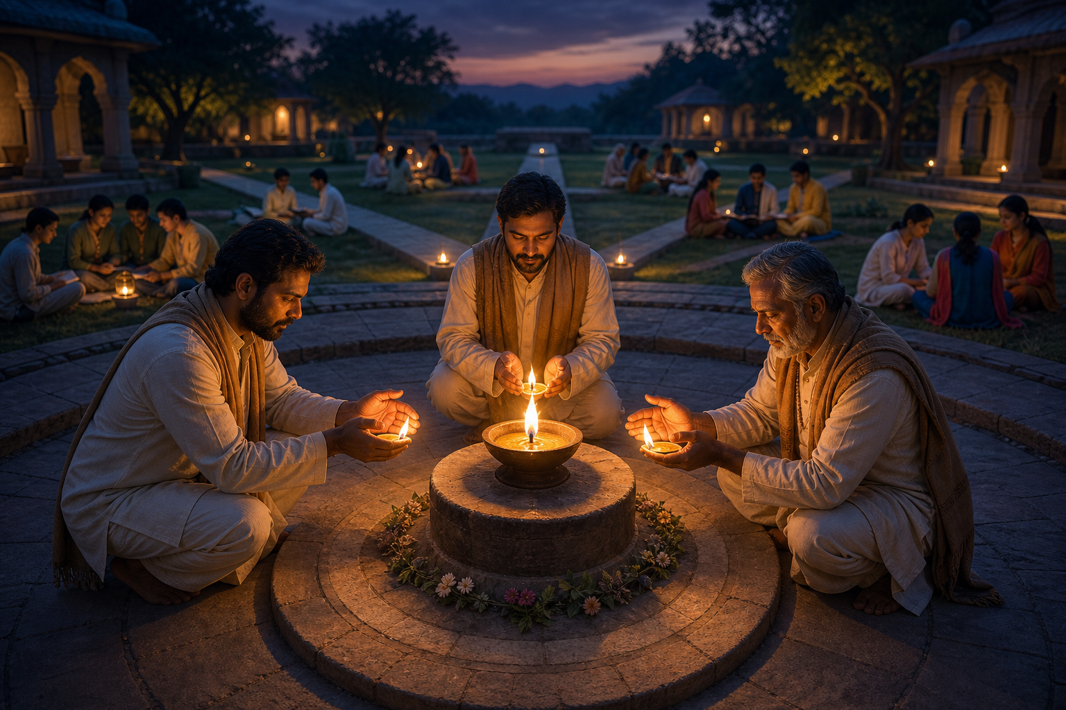 Three adult successors light their lamps from one central oil lamp as younger learners gather around a circular courtyard.