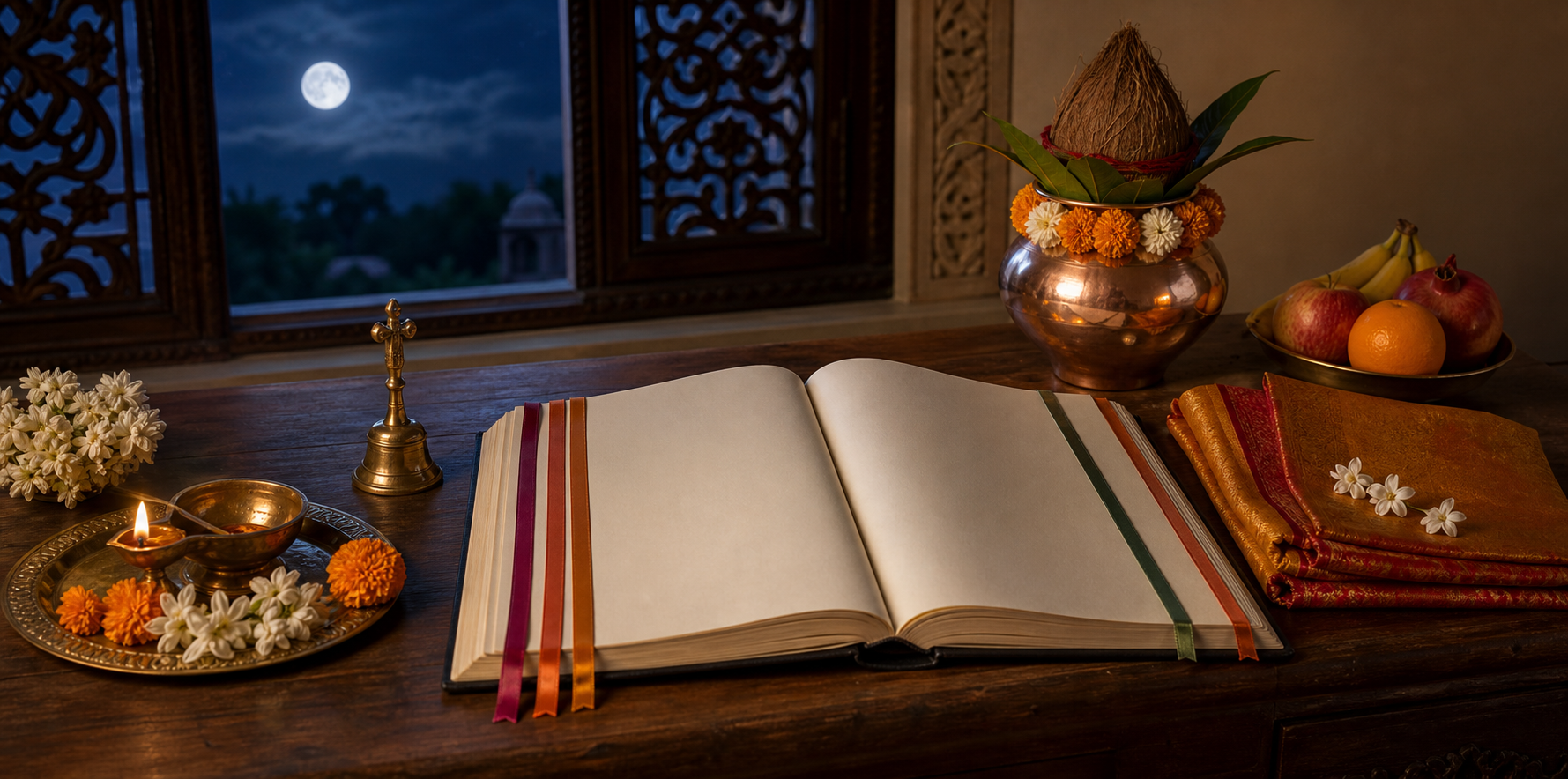 An unmarked household planner surrounded by a brass lamp, bell, flowers, kalash, fruit, and puja cloth beneath a full moon.