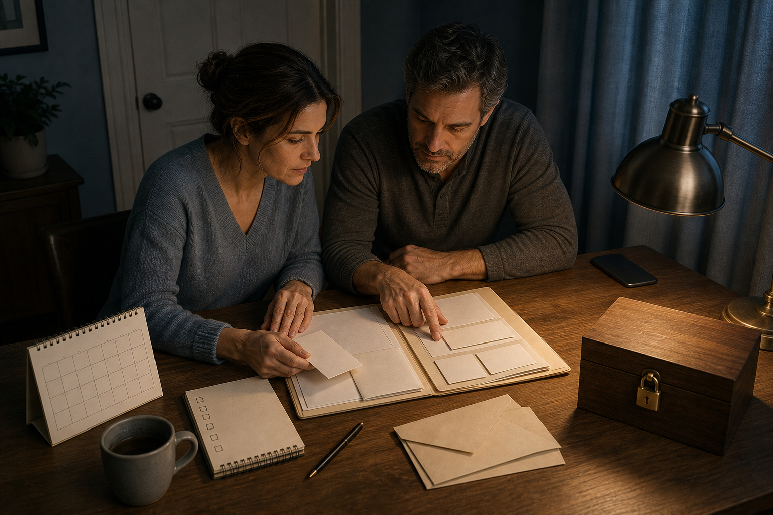Two adults privately organize blank forms, sealed envelopes, and identification documents beside a locked box and a face-down phone.