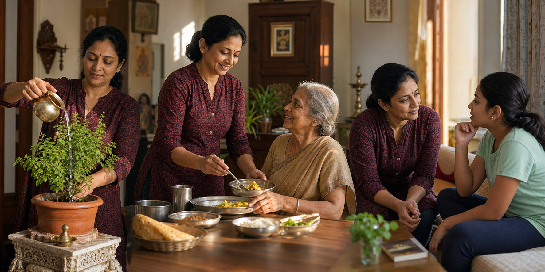 One person waters a tulsi plant, serves food to an older relative, and listens attentively to a younger family member in a home.