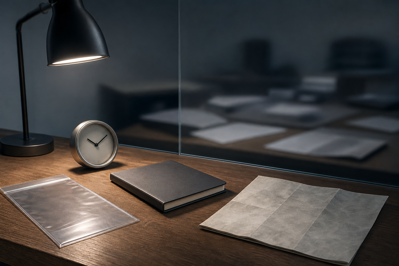 A lit group of evidence objects sits in focus on one side of a glass divider while papers on the other side remain blurred.