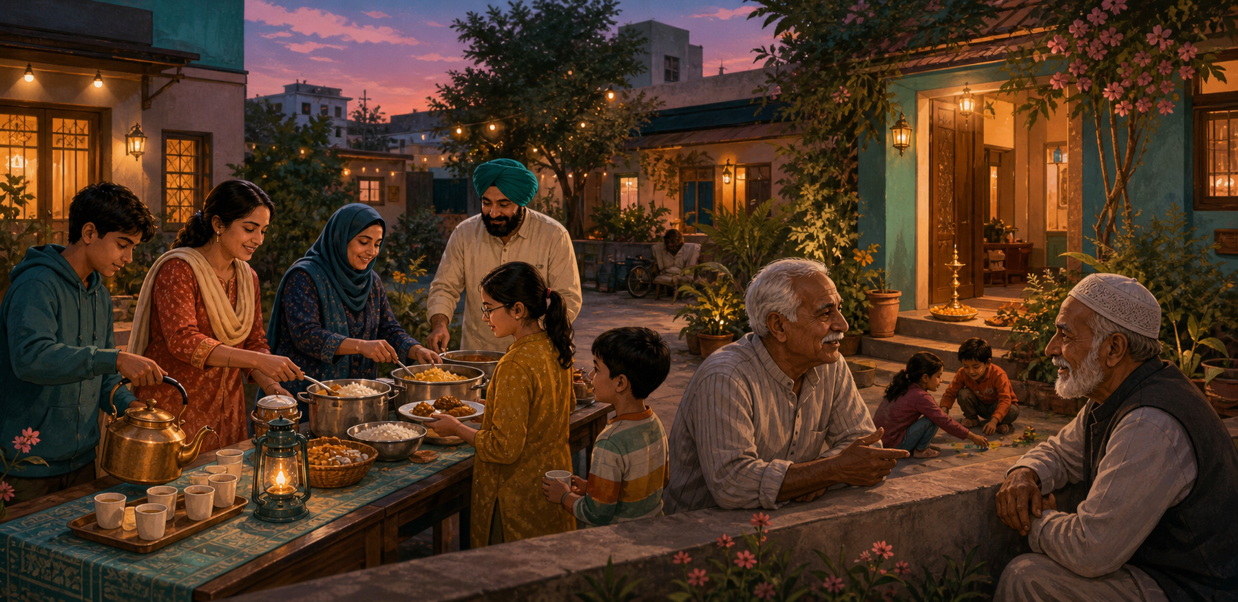 Neighbors and families share tea and food in a courtyard while children play and two older residents talk across a garden wall.