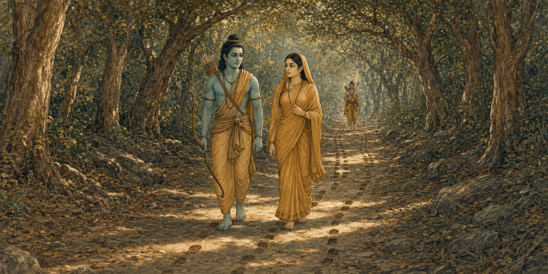 Rama and Sita walk side by side on a rocky forest path during exile while Lakshmana follows in the distance.