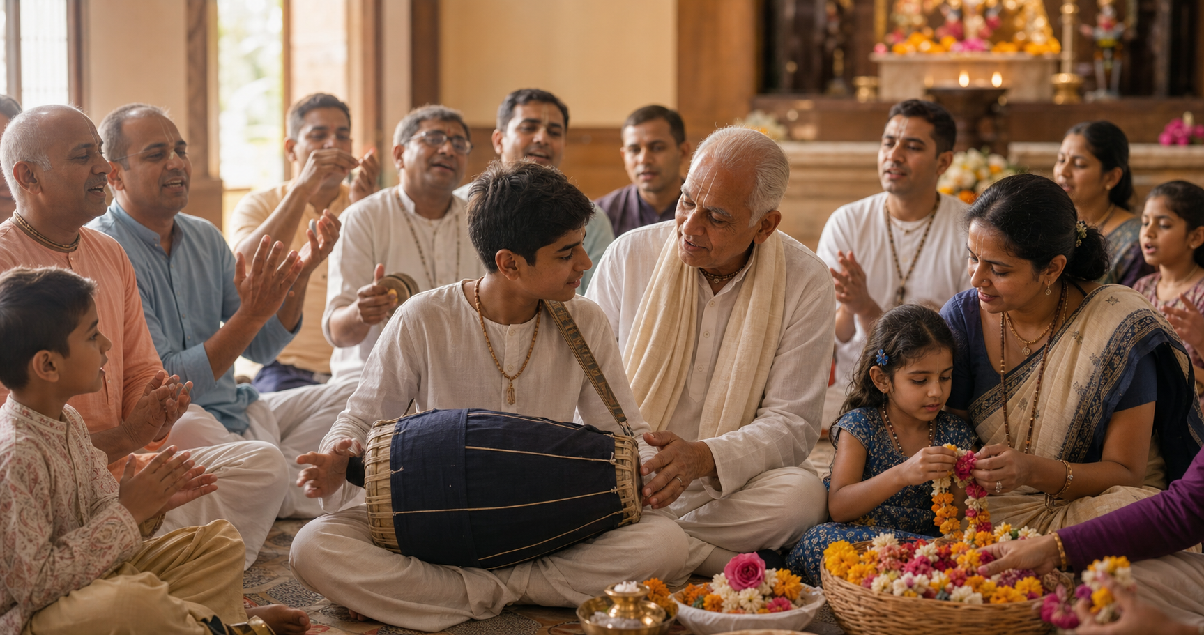 Children, teenagers, parents, and elders share music and flower-offering service in a Vaishnava community hall.