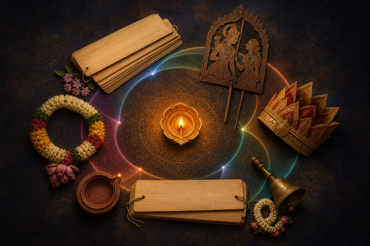 A glowing oil lamp is surrounded by blank palm-leaf folios, a shadow puppet, a theatrical crown, a bell, garlands, and smaller lamps.