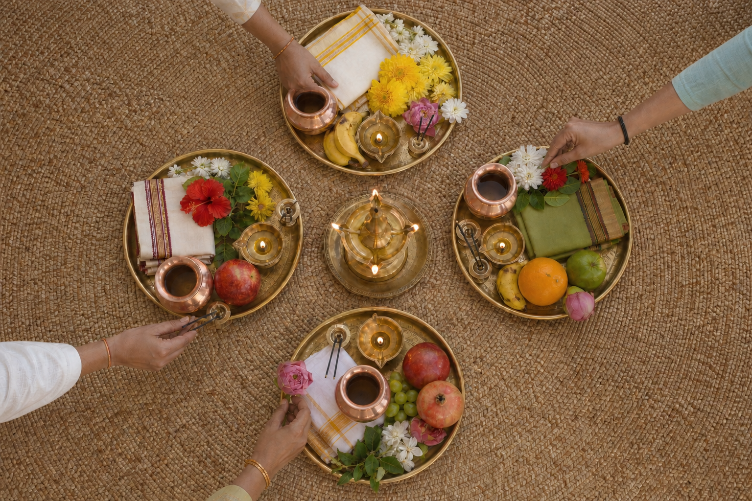 Four sets of puja offerings arranged around a central brass lamp by the hands of several family members.
