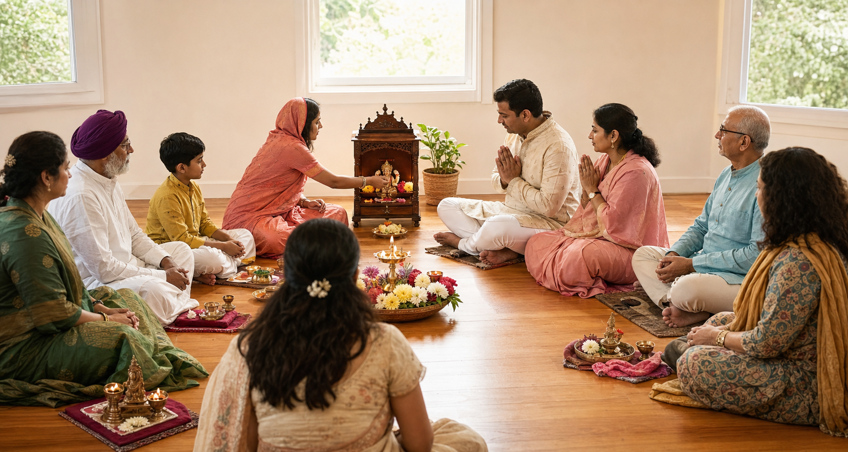Guests of varied ages sit around a shared lamp while a household leads worship at a small shrine and participants join in different respectful ways.
