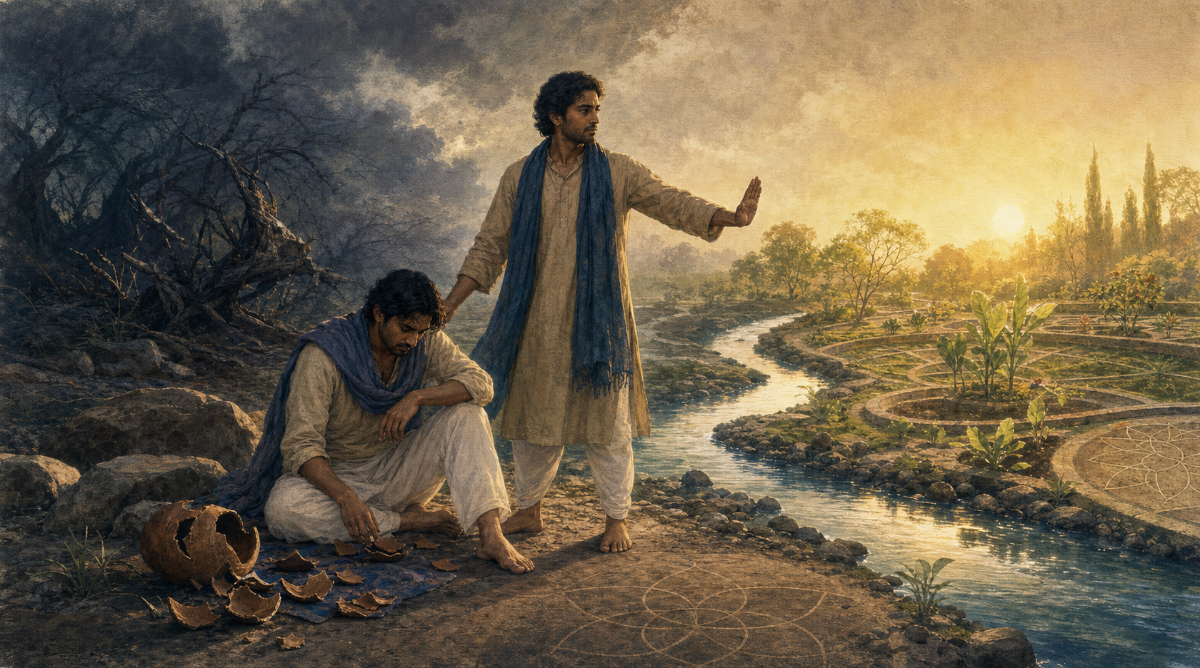 A standing person raises an open hand in a protective gesture while supporting a seated companion beside a stream, broken pottery, and new plants at dawn.