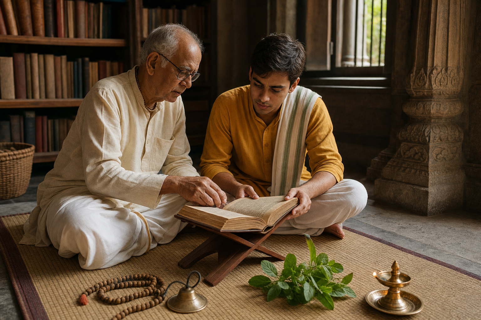 An elder and a young adult study an open sacred book beside prayer beads, hand cymbals, tulasi leaves, and an oil lamp.