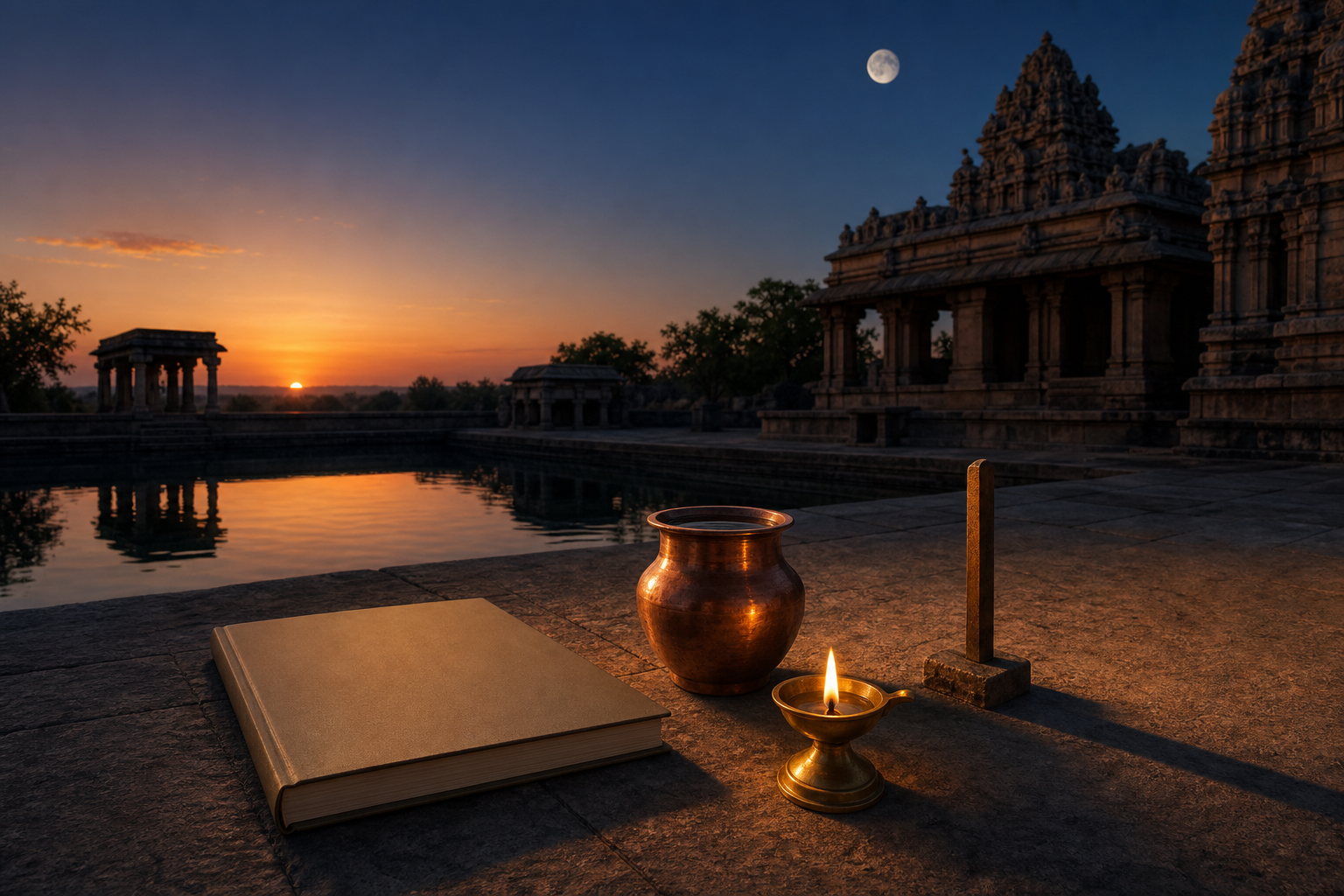 An unmarked planner, copper vessel, lamp, and shadow marker in a temple courtyard at sunset as the moon rises.
