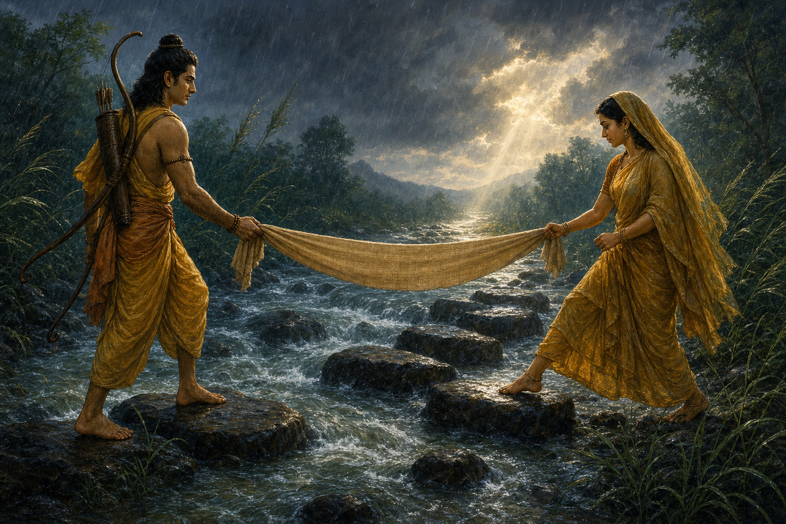 Rama and Sita hold opposite ends of a woven cloth as they carefully cross a rain-swollen forest stream together.