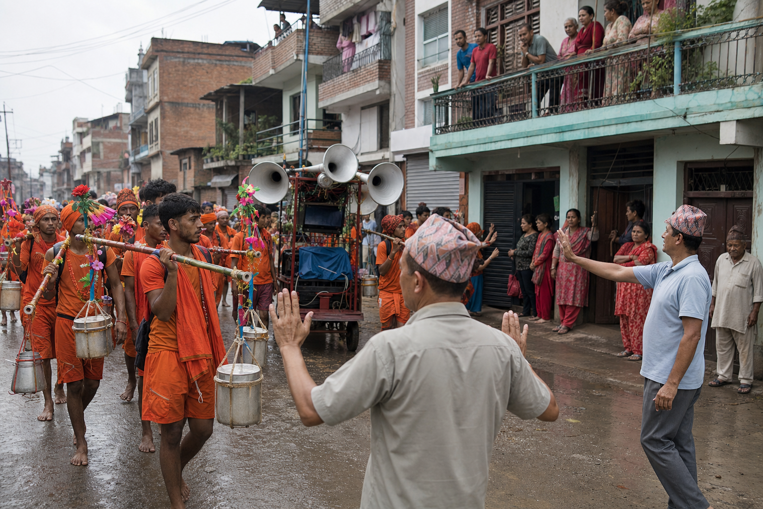 Kanwar pilgrims carrying decorated yokes pass a sound system on a Nepal street as community stewards calmly separate them from watching residents.