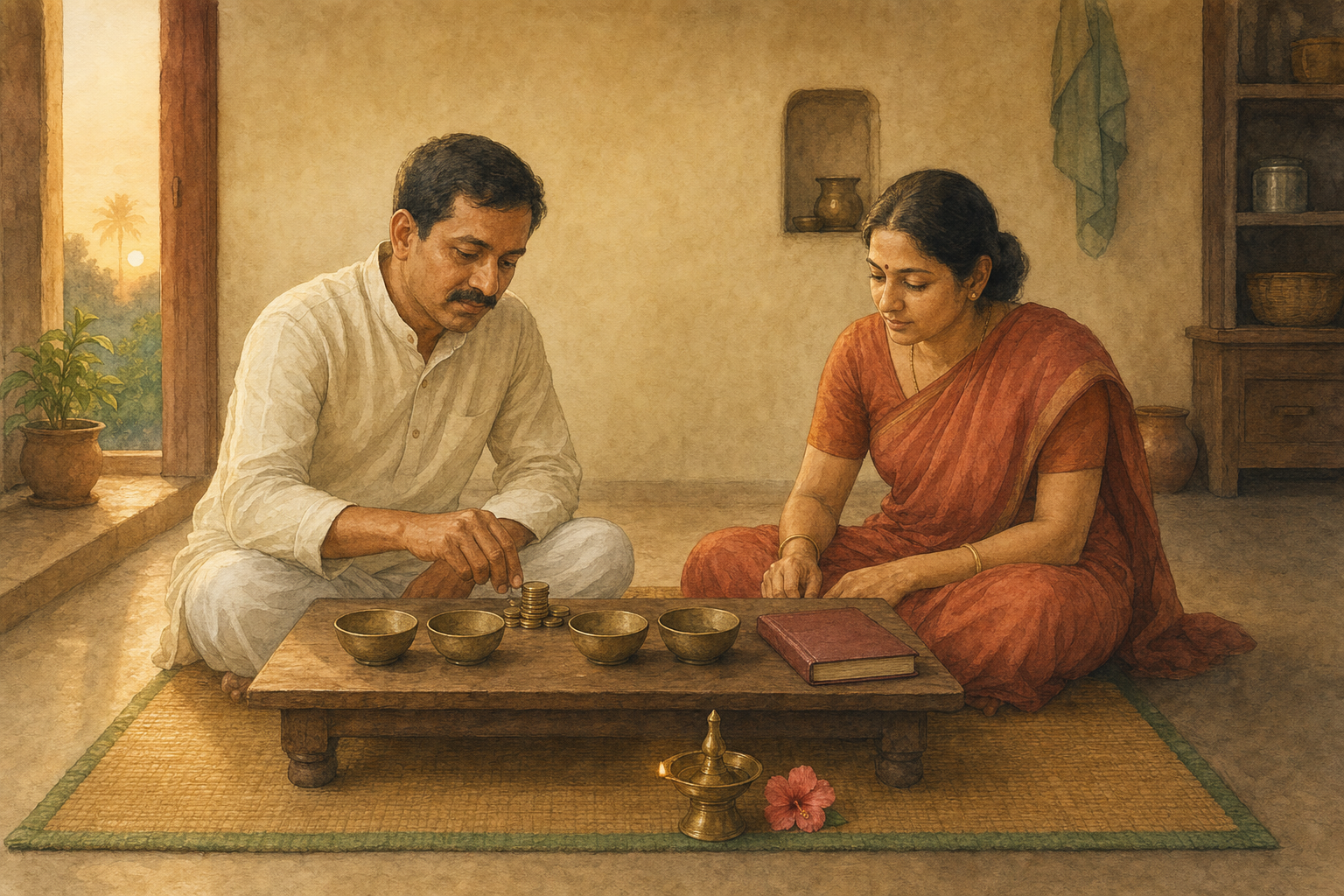 Two adults in a simple Indian home arrange coins among four unmarked bowls beside an account book, an oil lamp, and a flower.