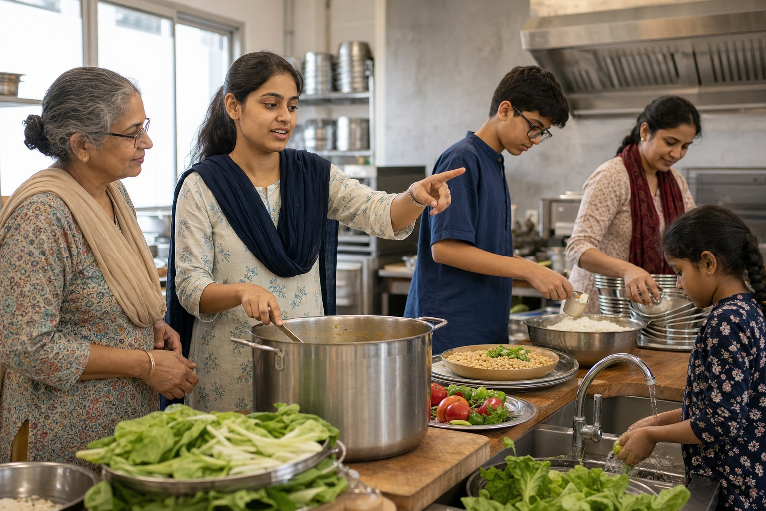 A young adult leads volunteers preparing a community meal while an older mentor observes and supports from nearby.