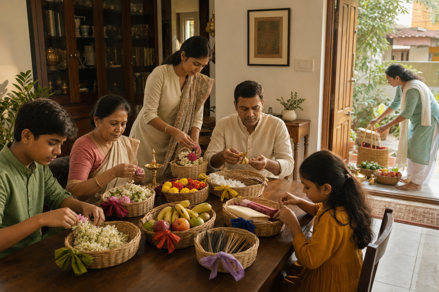 A multigenerational family organizes flowers, lamps, fruit, cloths, and incense into color-coded preparation baskets.