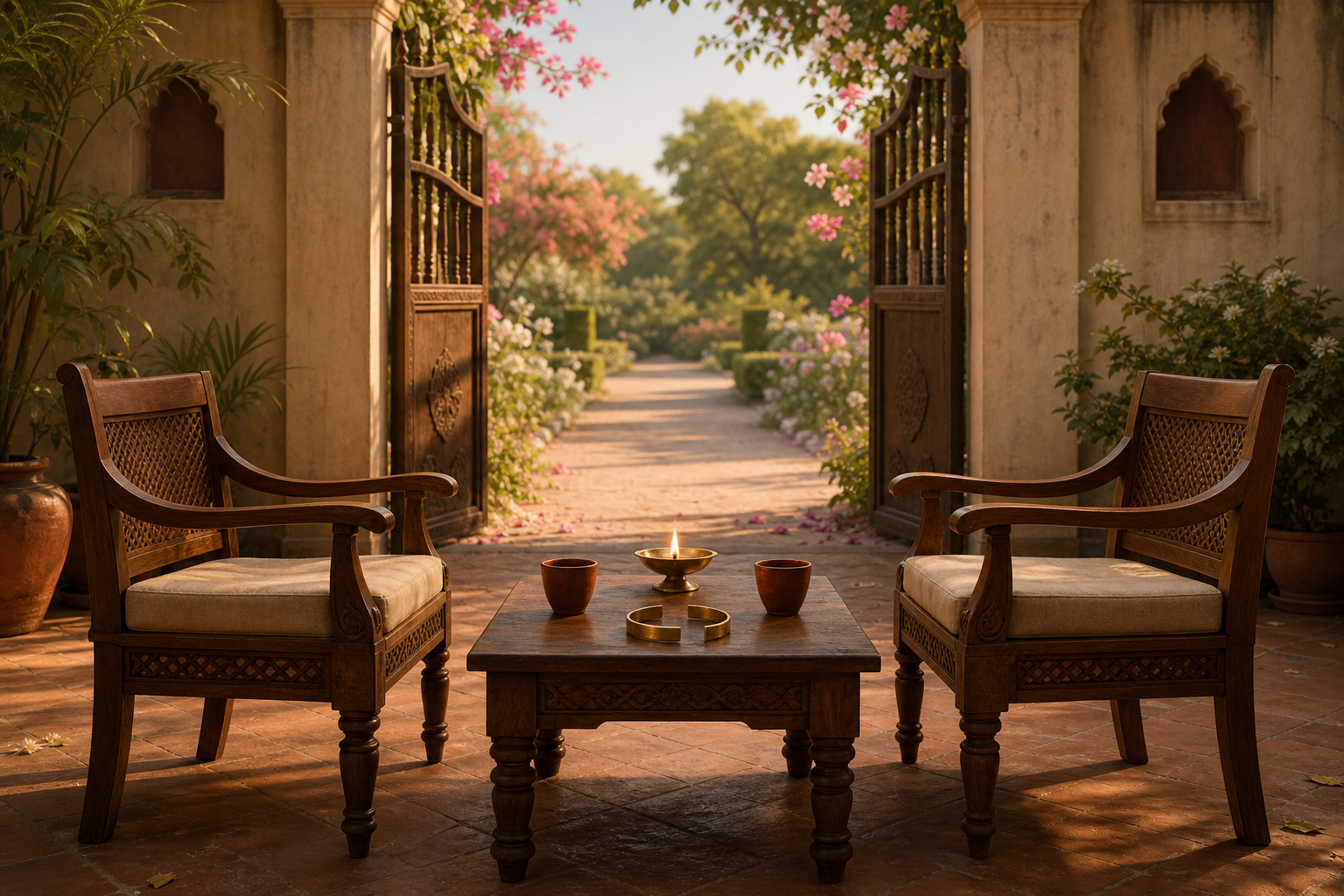 Two equal wooden seats face each other across a low table with clay cups, an open bracelet, and a lamp beside an open garden gate.