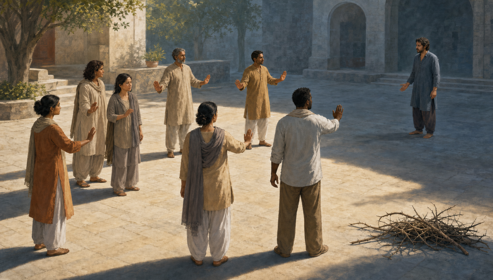 Several adults form a calm human barrier around a frightened person while keeping an agitated figure at a safe distance in a stone courtyard.