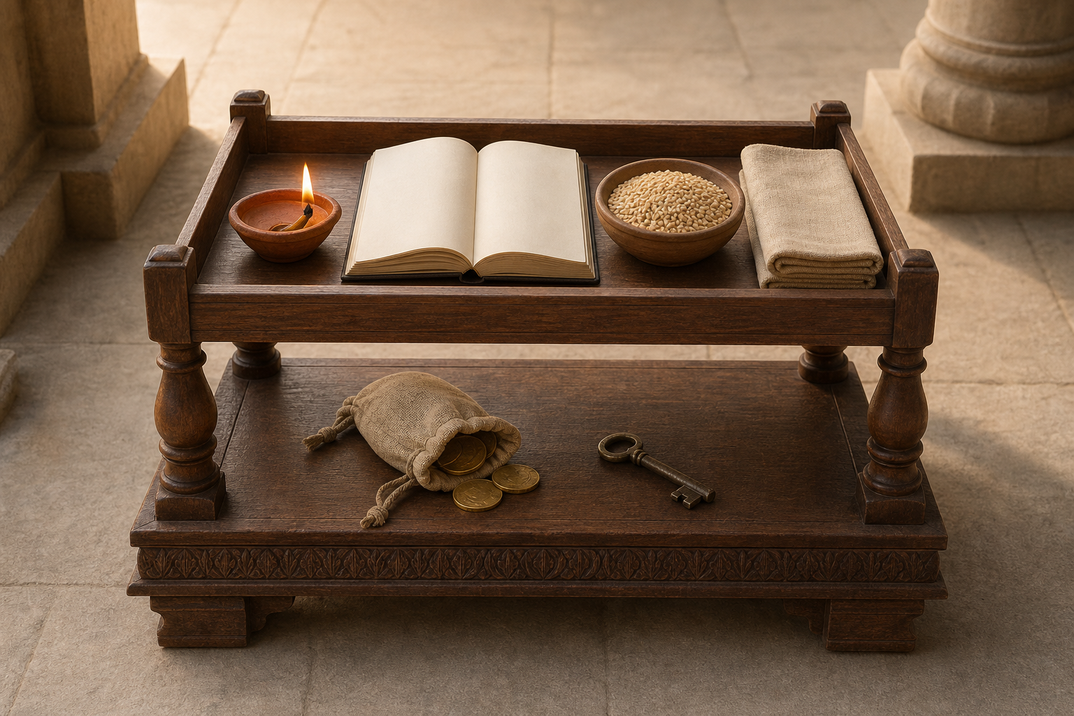 A pouch of coins and a house key support a wooden tray holding a lamp, a blank book, grain, and folded cloth.