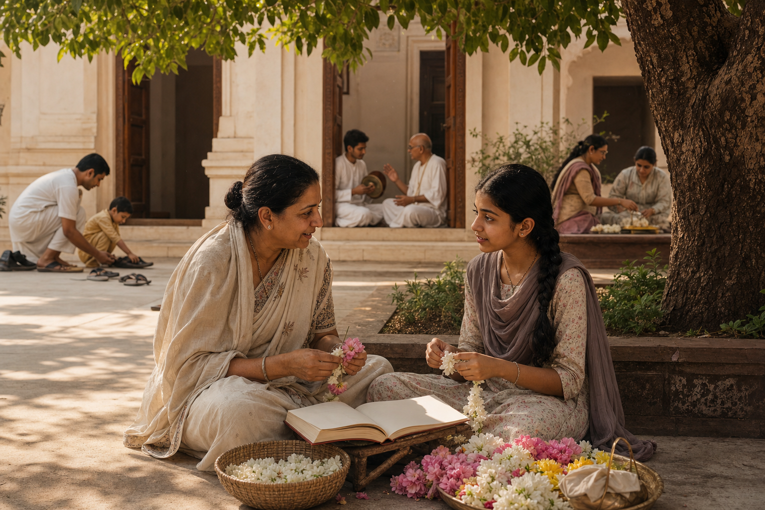 An older woman mentors a teenage girl over a book and flower garland while other devotees teach children and young adults nearby.