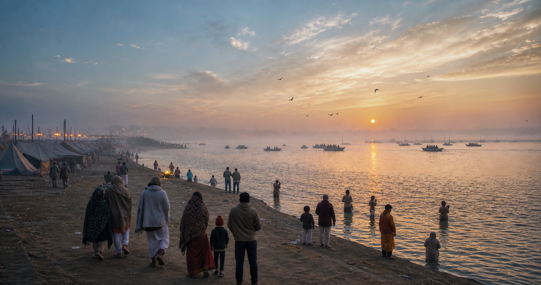 Pilgrims in winter shawls gather beside boats and bathe at the misty Sangam in Prayagraj at dawn.