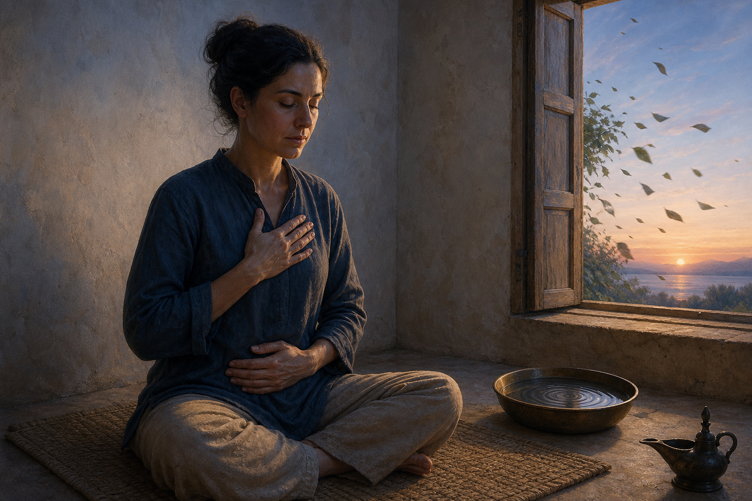 A person sits on a woven mat with hands on the chest and abdomen beside a bowl of settling water in the light of dawn.