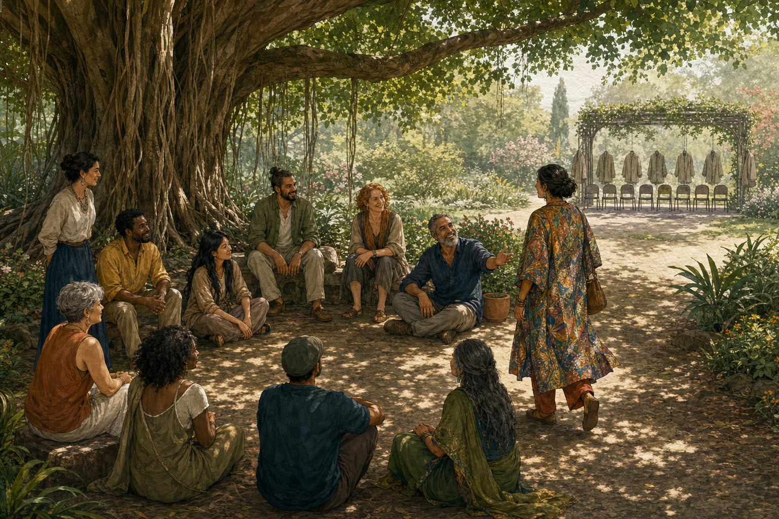 People with varied clothing and postures welcome a newcomer into an open circle beneath a large tree, while identical chairs and jackets stand in the distance.